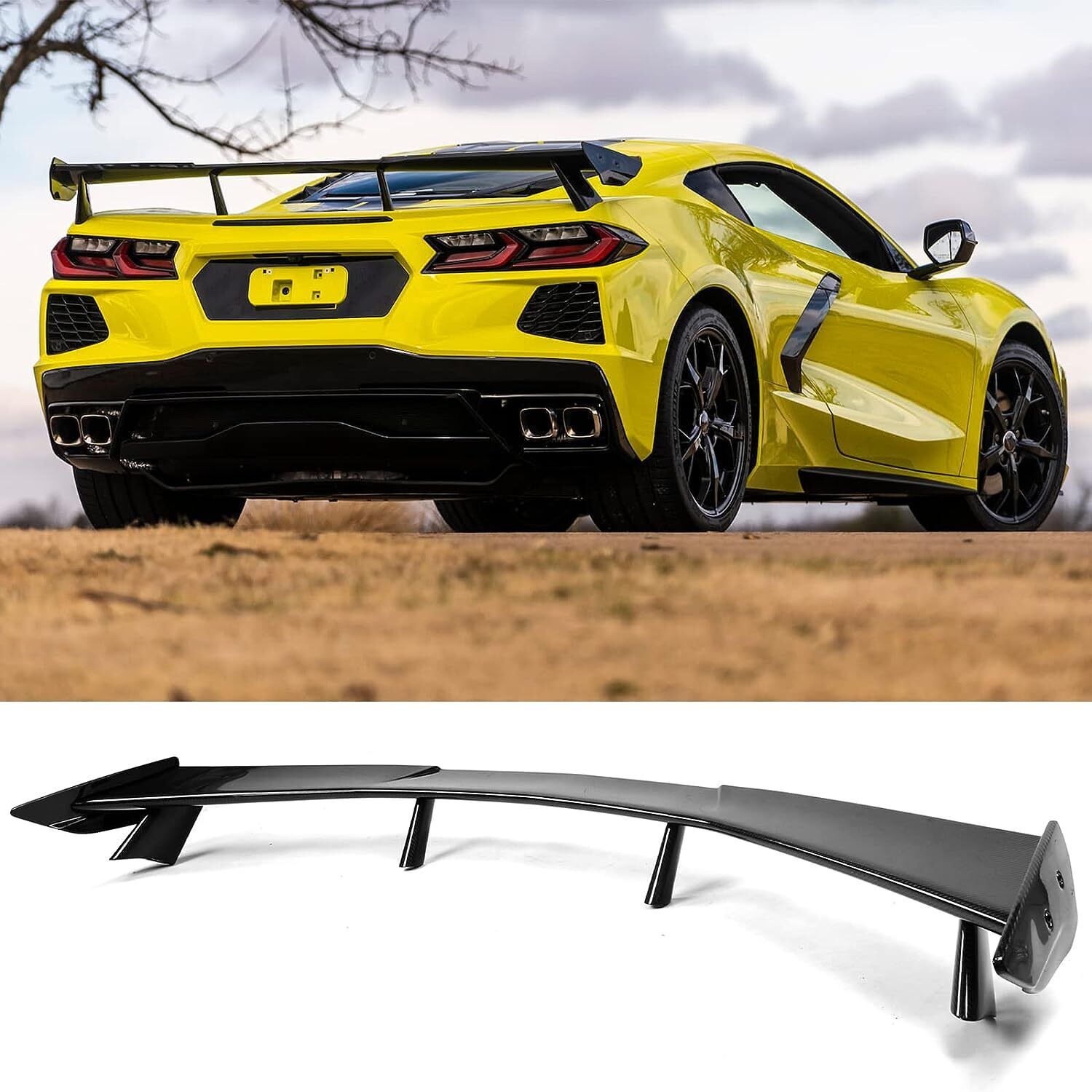 Rear High Wing Spoiler Fits For Corvette C8 Models 2020-2023 ABS Bar Gloss Black