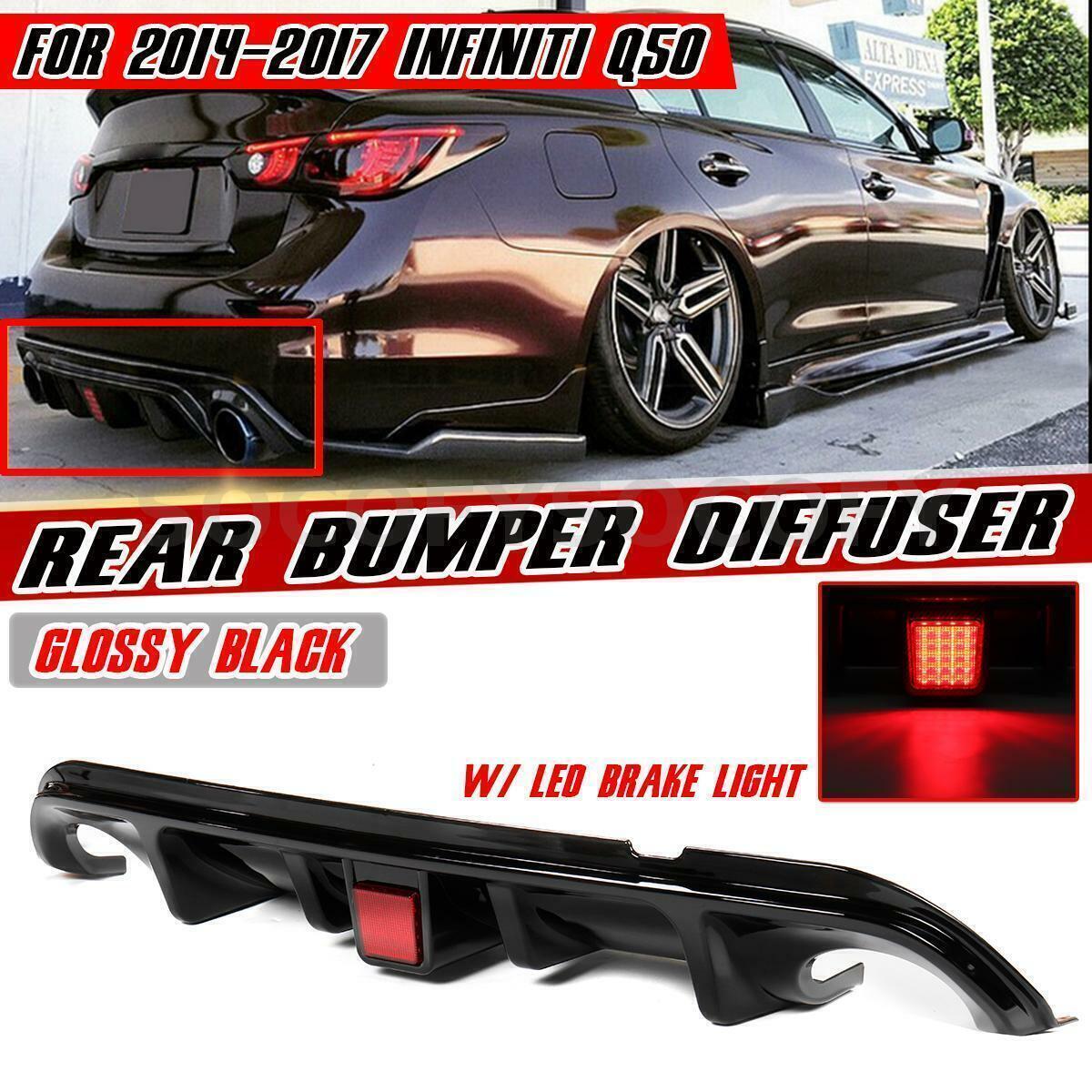 Black Rear Bumper Diffuser Spoiler Lip For 2014-2017 Infiniti Q50 W/ LED Light