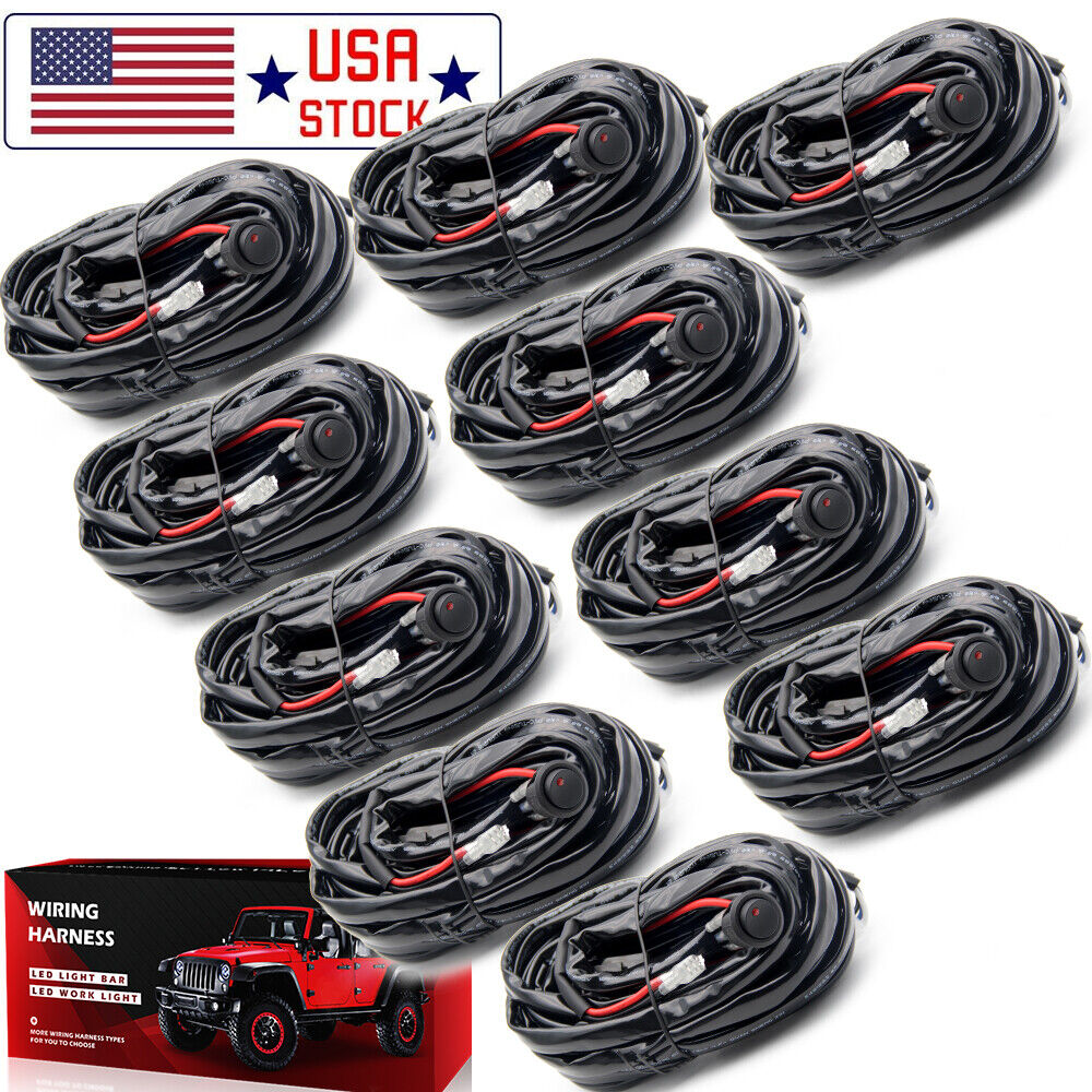 10pcs 1-Lead Wiring Harness Kit ON-OFF Switch Relay LED Work Light Pods Bar 12V