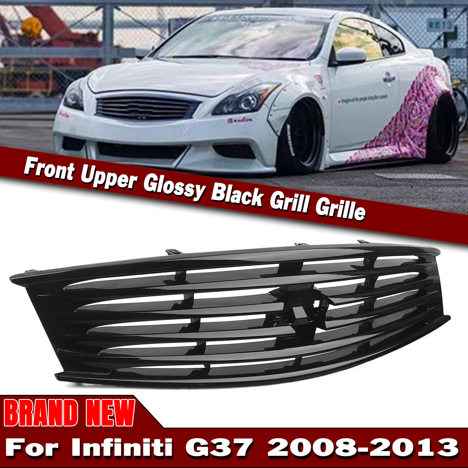 Front Grill Grille For Infiniti G37 2 Door Coupe 2008-2013 2011 2012 Gloss Black