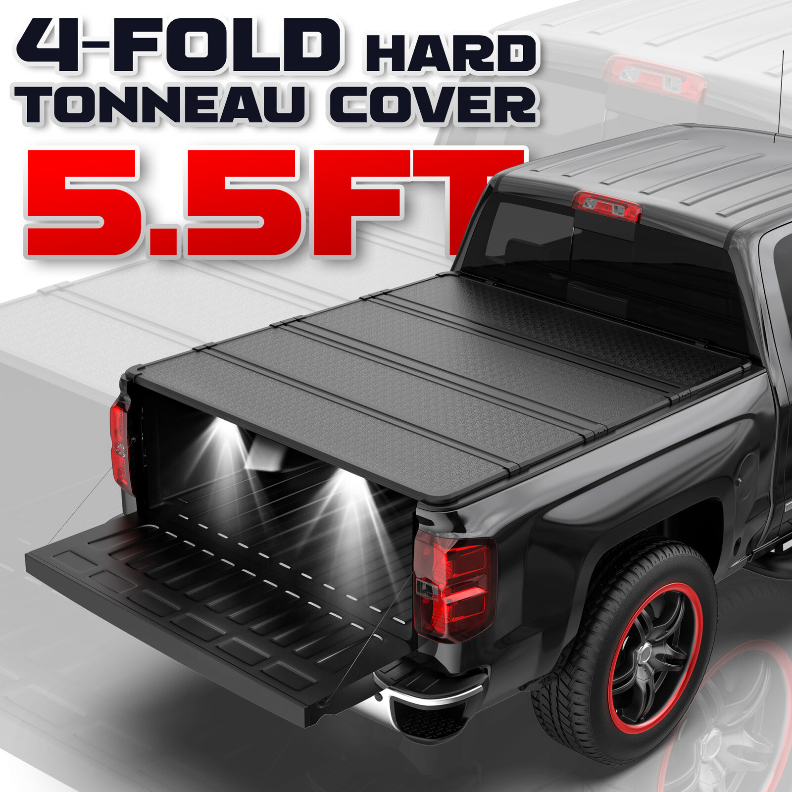 5.5FT Hard Solid Truck Bed Tonneau Cover for 2014-24 Toyota Tundra 4-Fold w/ Led