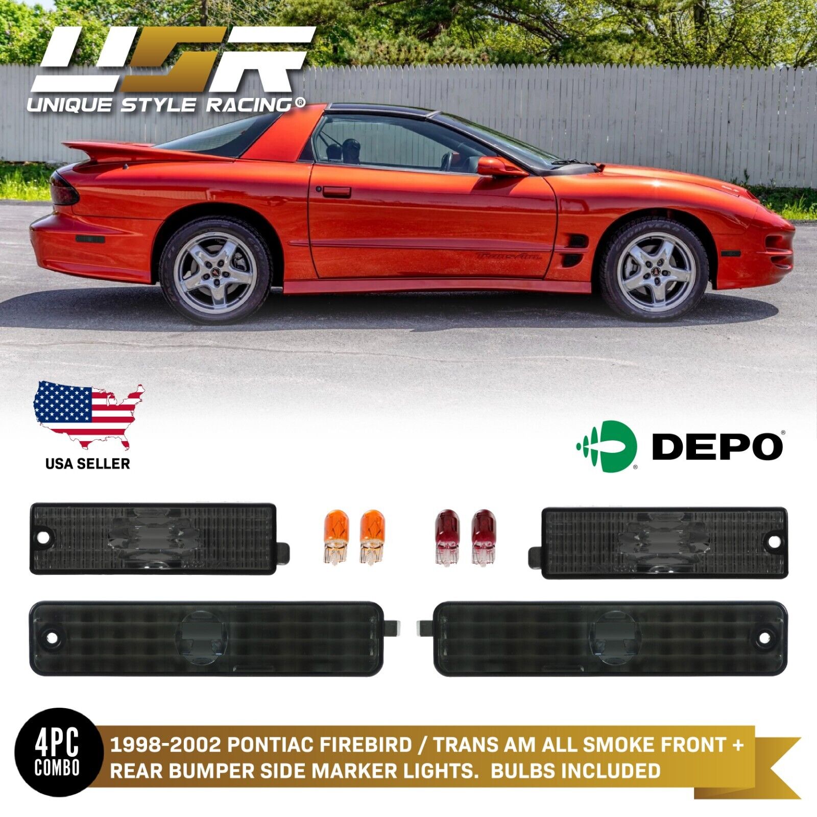 DEPO Smoke Front +Rear Side Marker Light For 1998-2002 Pontiac Firebird Trans Am