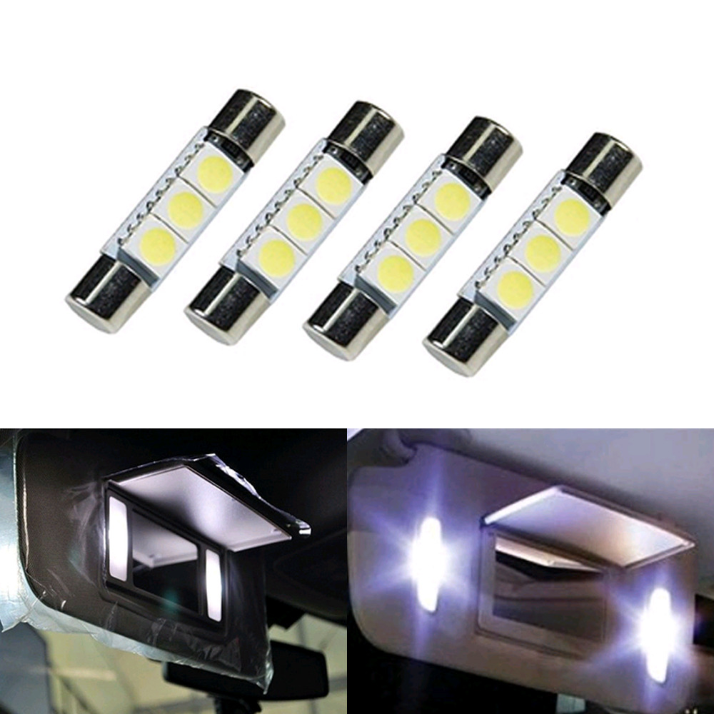 4pcs White 31mm 3-SMD LED Light Bulbs For Car Sun Visor Vanity Mirror Fuse Lamp