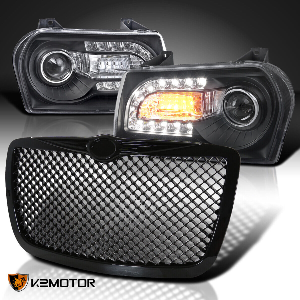 Fits 2005-2010 Chrysler 300 Black LED Signal Projector Headlights+Mesh Grille