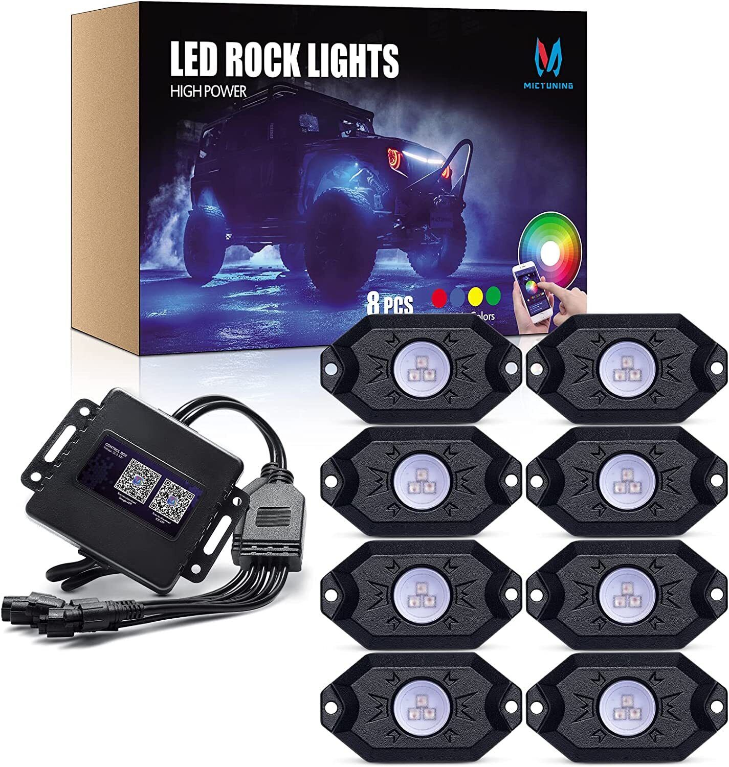 MICTUNING RGB LED Rock Lights 8 Pods 2nd-Gen Bluetooth Underbody Neon Lights Kit