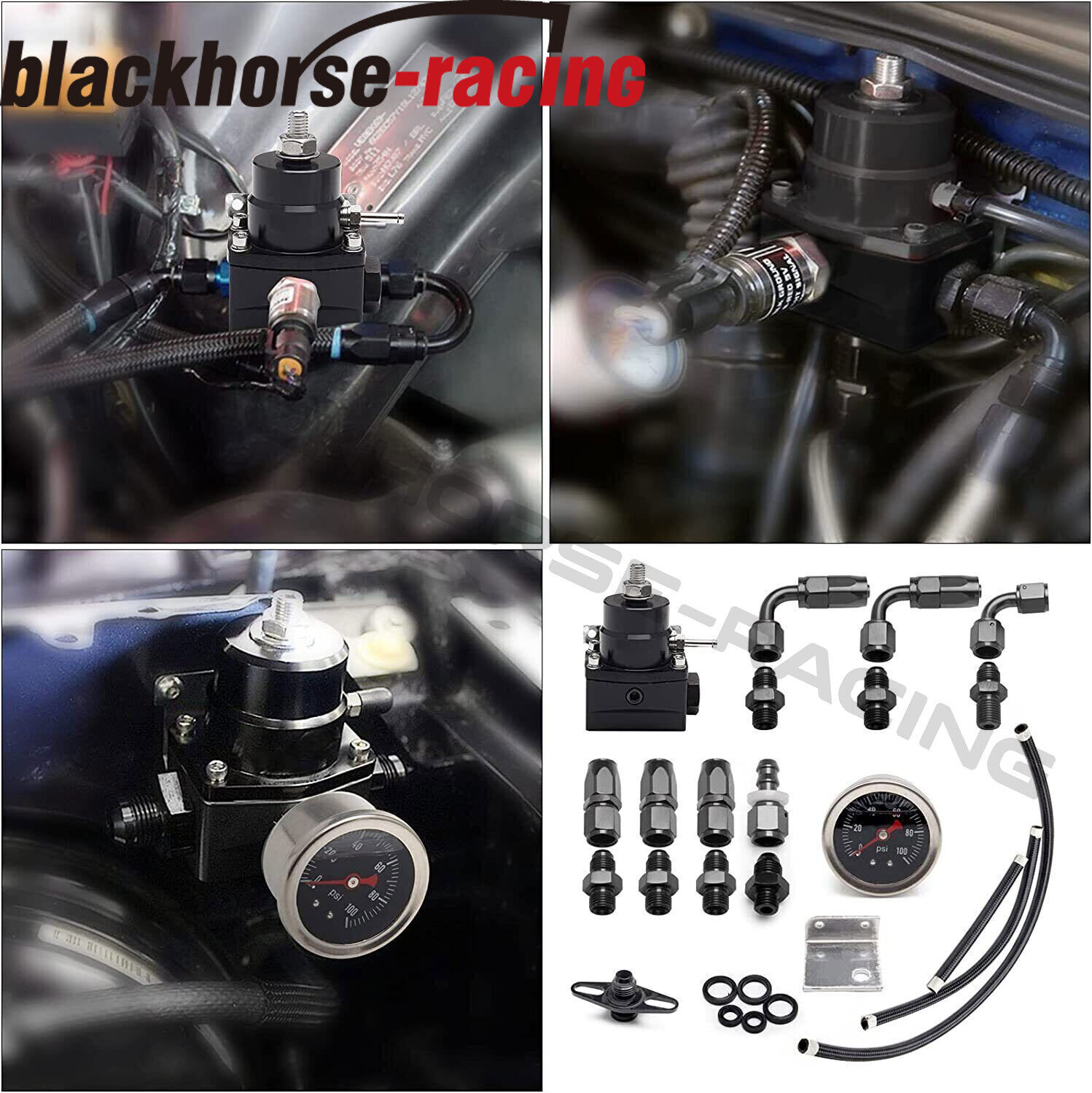 Universal Adjustable Fuel Pressure Regulator Kit 100psi Guage AN6 Fitting Black