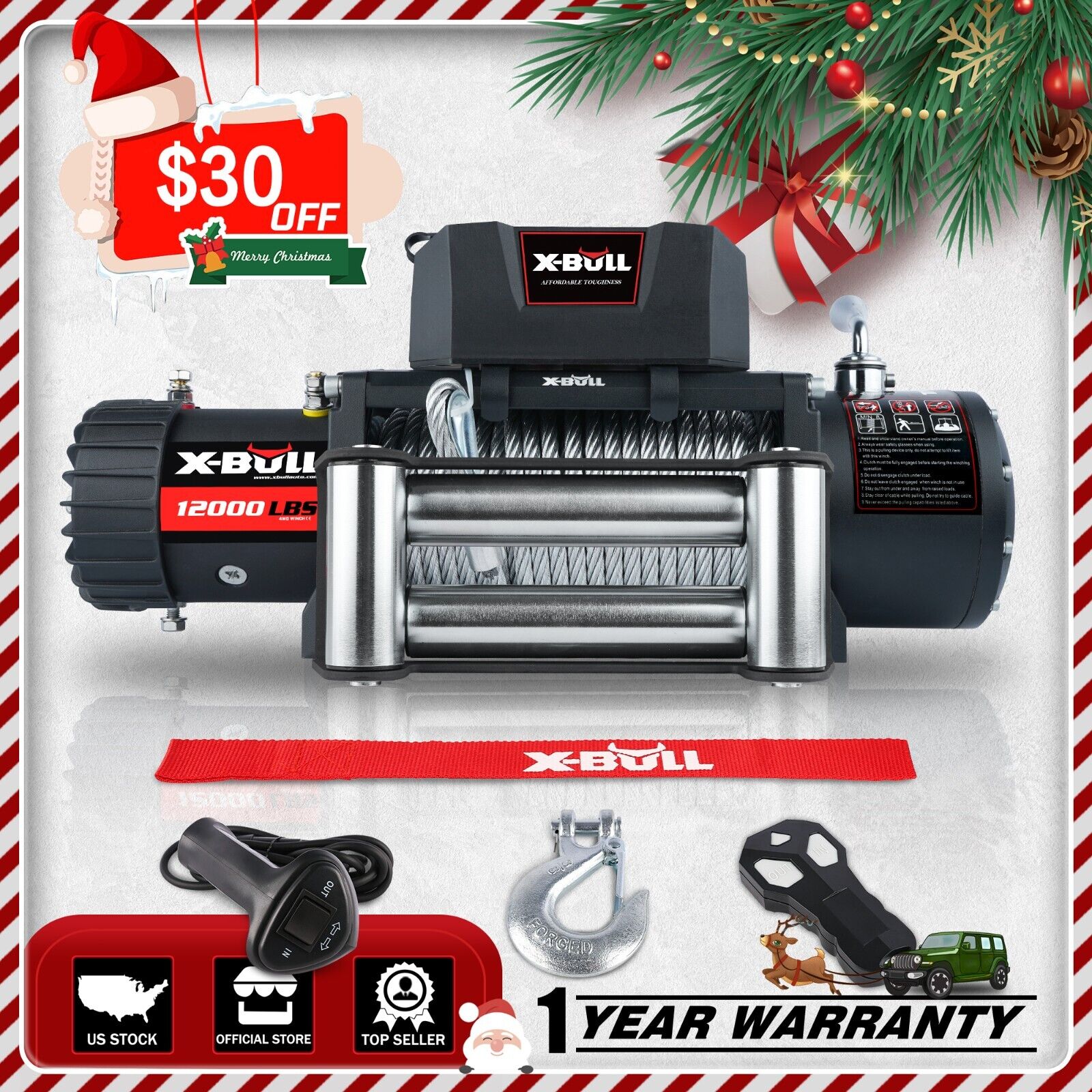 X-BULL Electric Winch 12000lb W/Steel Cable Trailer Towing For Truck SUV 4WD