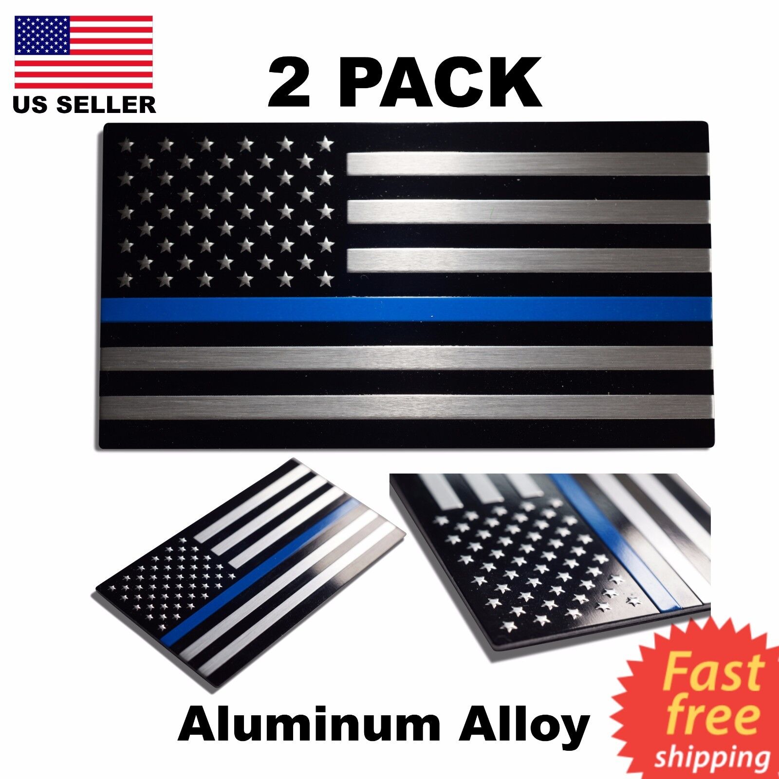 3D Metal Thin Blue Line Flag Decal Stickers (2 Pack)