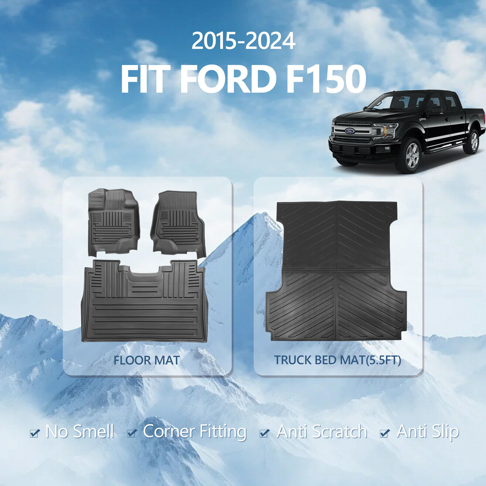 For 2015-2024 Ford F150 TPE Truck Mat Floor Mats Bed Liner Cargo Mat All Weather