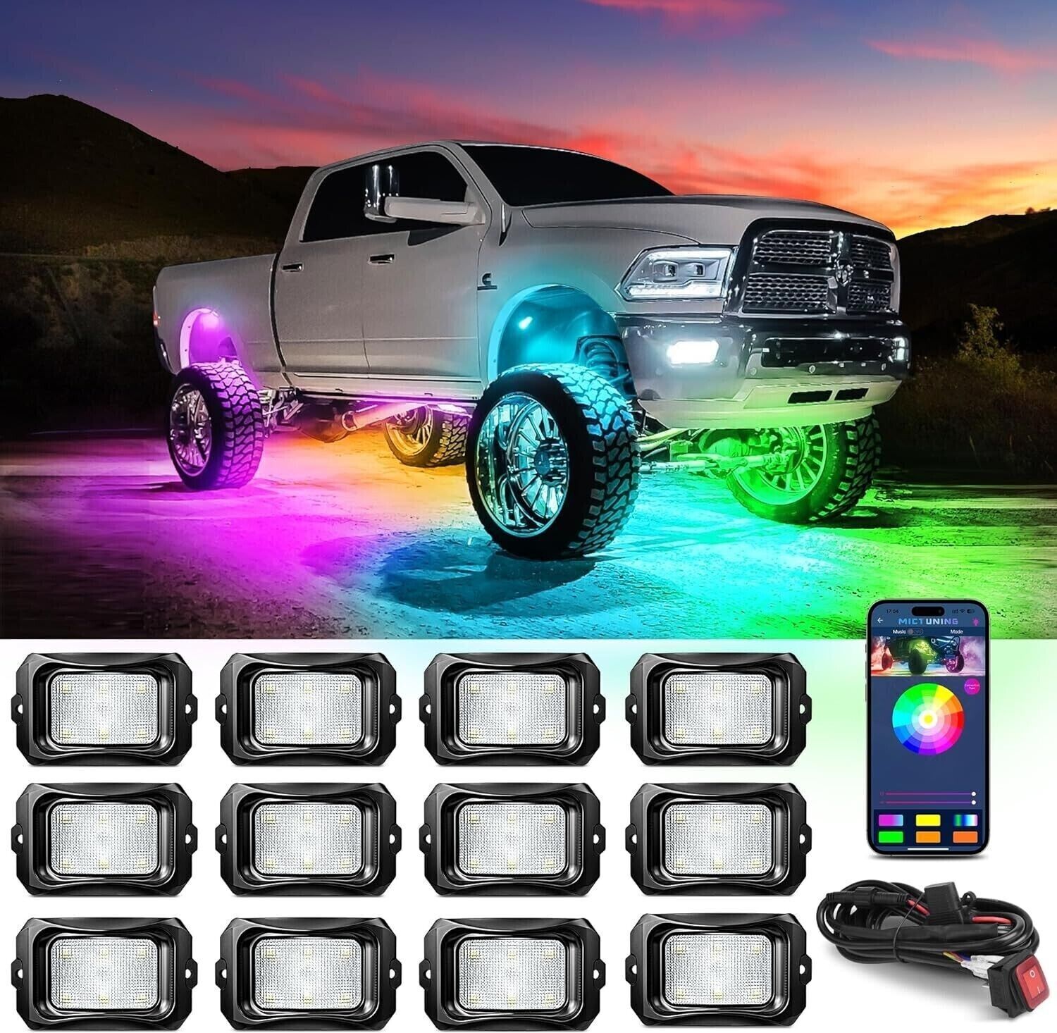 MICTUNING C2 Max RGB+IC Chasing Color LED Rock Lights-12 Pods Underglow Lighting