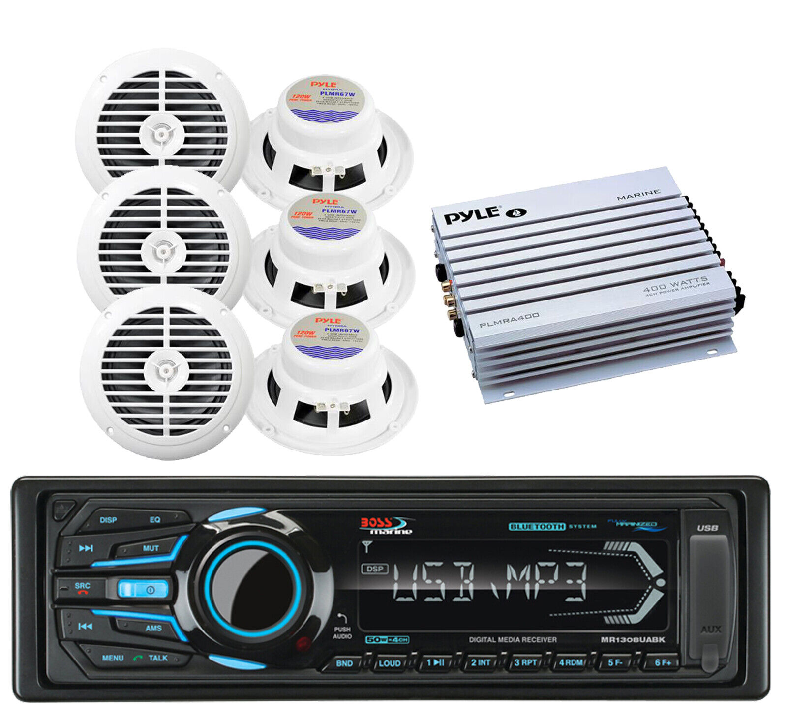 Boss AUX AM FM USB Bluetooth iPod  Radio, 400W Amplifier,6 White Marine Speakers