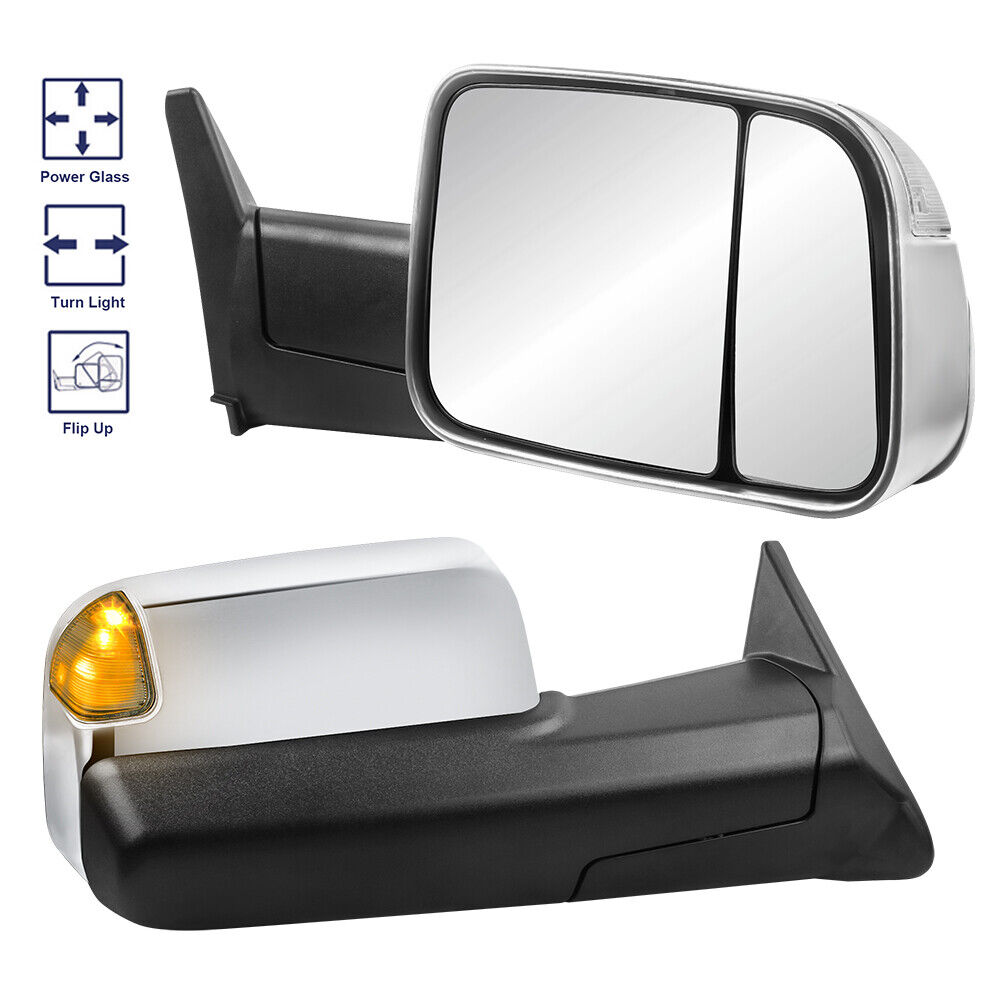 2X Chrome Flip-up Power Glass Tow Mirrors For 1994-1997 Dodge Ram 1500 2500 3500