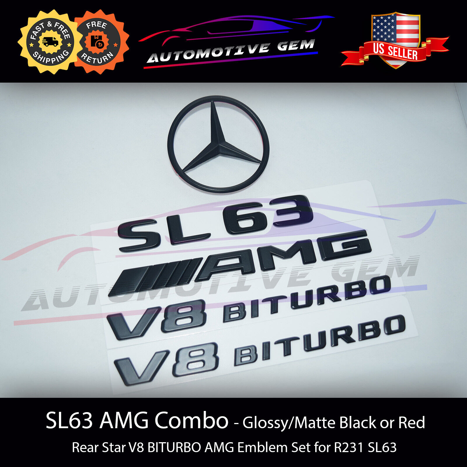 SL63 AMG V8 BITURBO Rear Star Emblem Black Letter Badge Set for Mercedes R231
