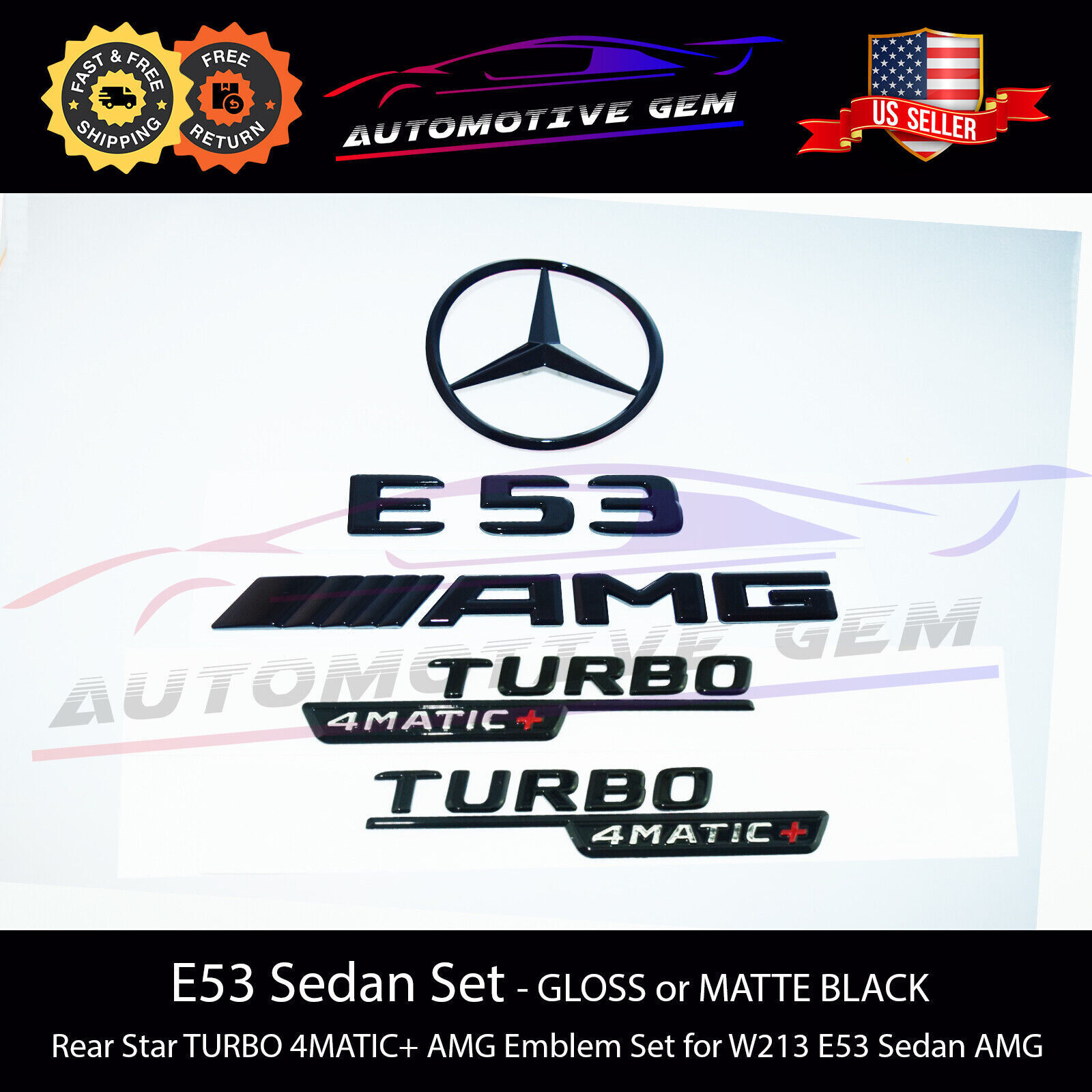 E53 SEDAN AMG TURBO 4MATIC+ Rear Star Emblem Black Badge Combo Set Mercedes W213