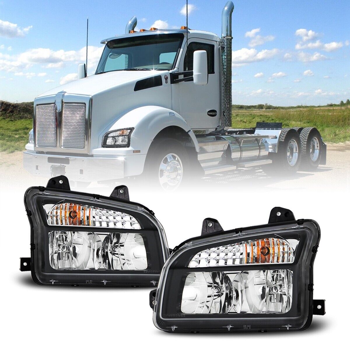 Headlights fits 2014-2023 Kenworth T880, Reflector Headlamps, Black
