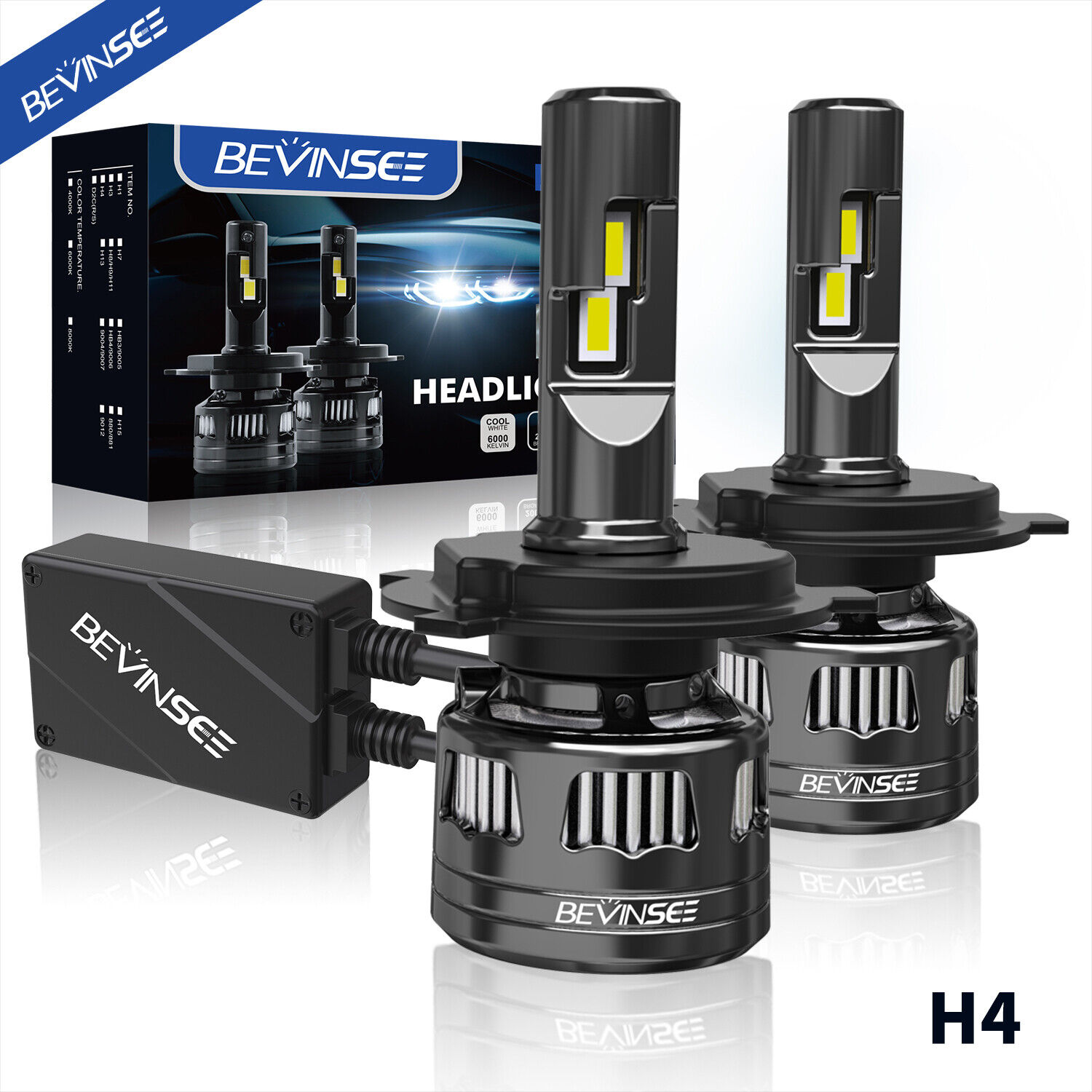 BEVINSEE H4 HB2 9003 LED Headlight Hi/Low Beam Bulbs Conversion Kit 30000LM 120W