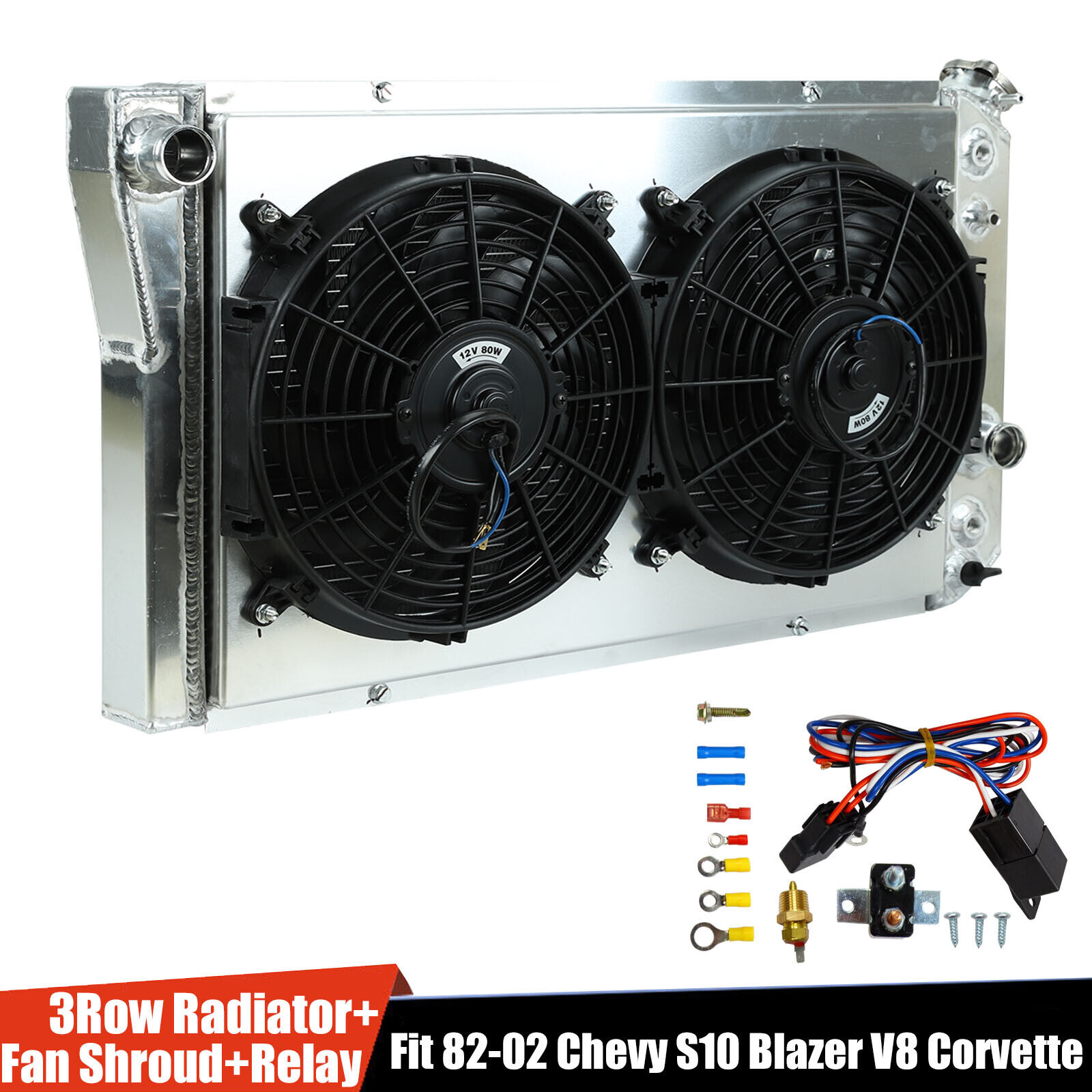 3 Row Radiator+Shroud Fan+Relay For 1982-2002 CHEVY S10 BLAZER 84-90 CORVETTE V8