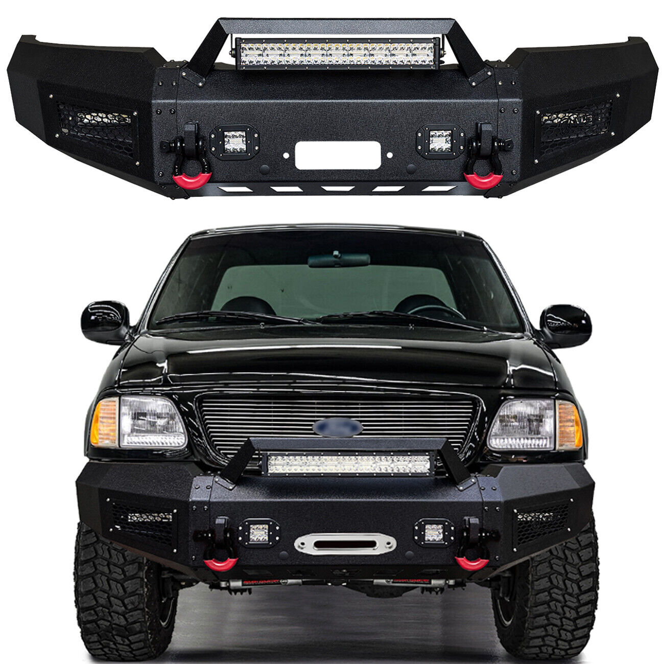For 1997-2003 Ford F150 Black Front Bumper New w/Winch Plate & LED Lights