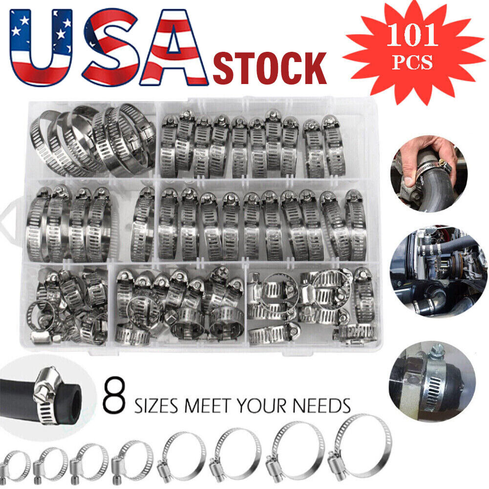 101pcs Adjustable Hose Clamps Worm Gear Stainless Steel Clamp Assortment 8 Sizes