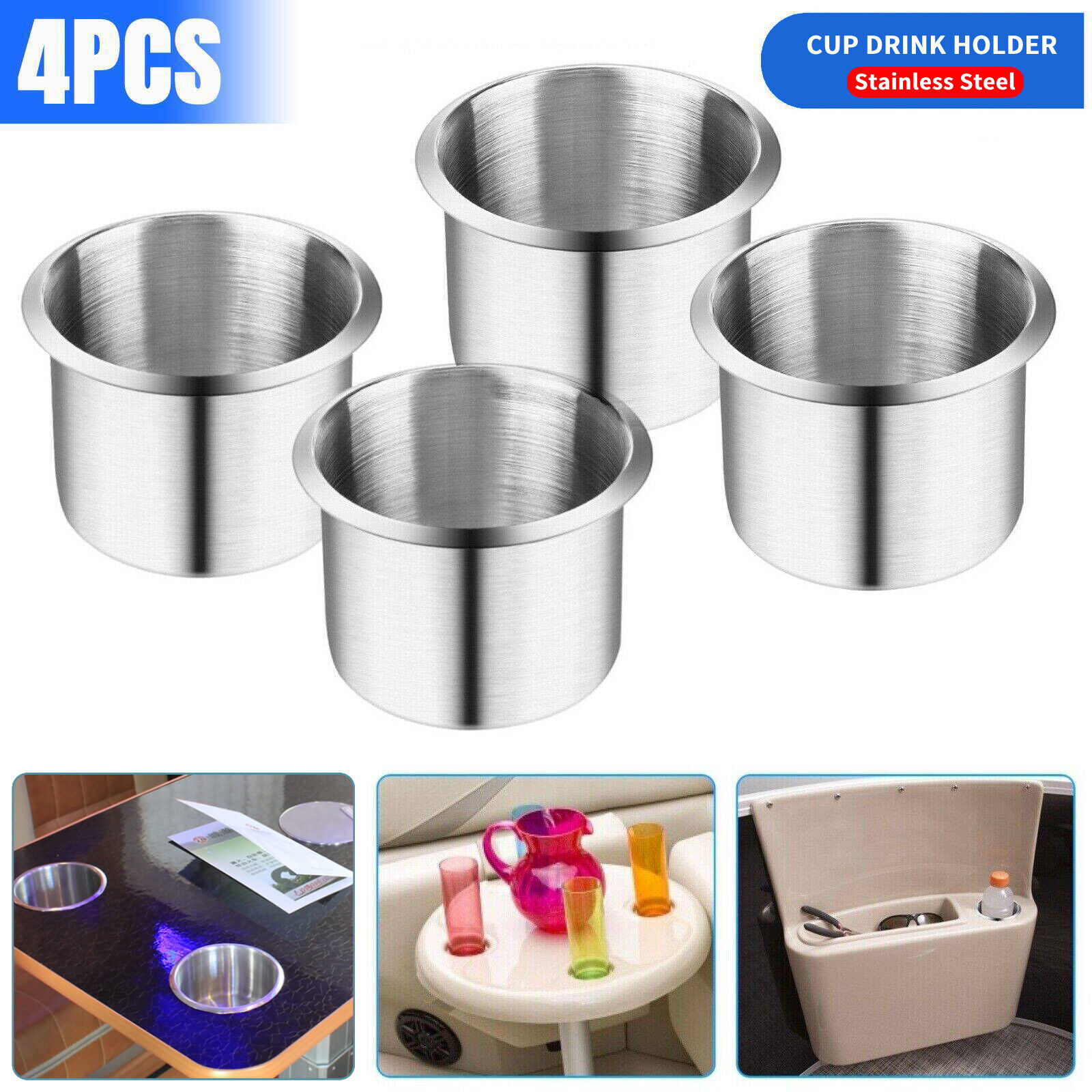 4PCS Stainless Steel Cup Drink Holders Mount for Car Truck Marine Boat Camper RV
