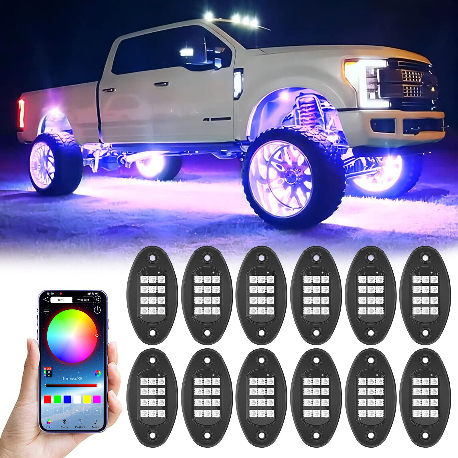 12 Pod RGB LED Rock Light Underbody Trail Rig Glow Lamp Offroad SUV Truck Pickup