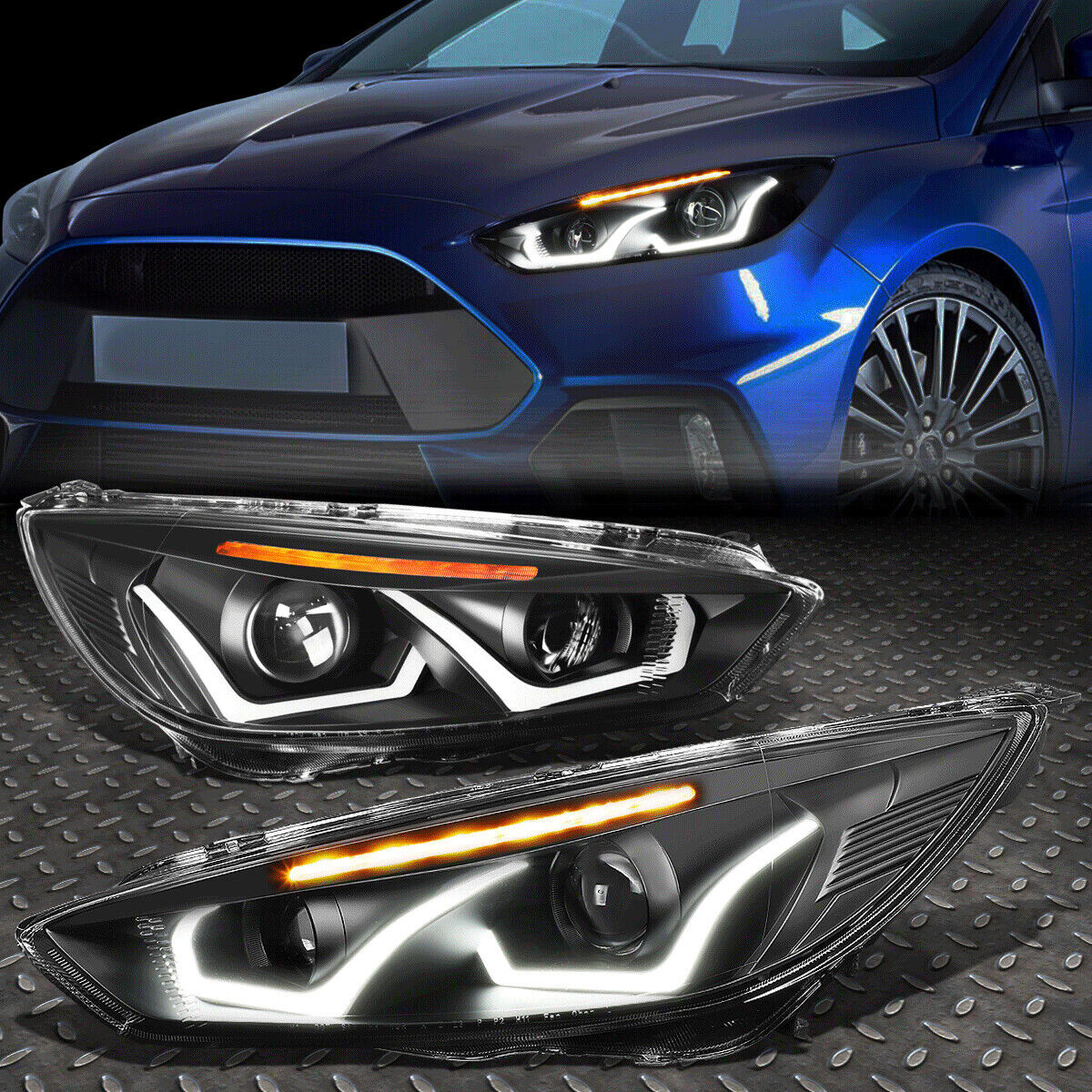 [LED DRL]FOR 15-18 FORD FOCUS BLACK/AMBER SIGNAL PROJECTOR HEADLIGHT HEAD LAMPS