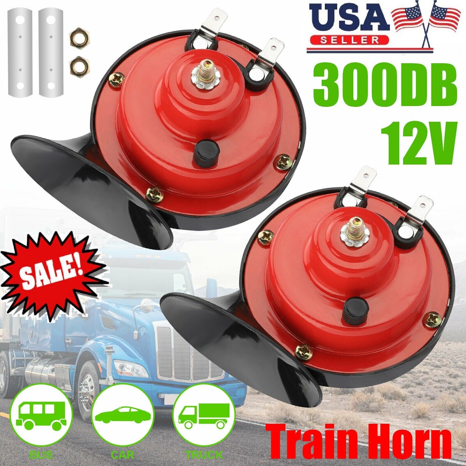 1Pair 300DB 12V Electric Super Train Snail Horn For Truck Car Boat Motorcycle US