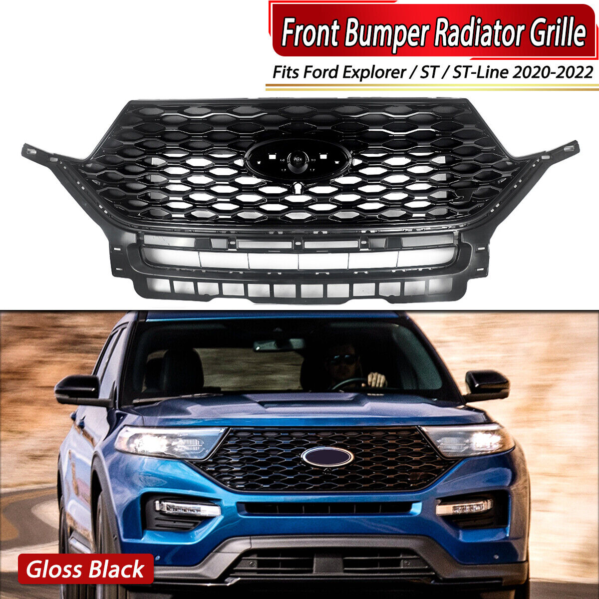 For Ford Explorer ST Style Front Upper Grill Grille Assembly Gloss Black 2020-22