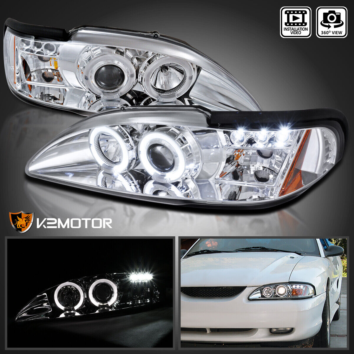 Fits 1994-1998 Ford Mustang LED Halo Projector Headlights Head Lamps Left+Right