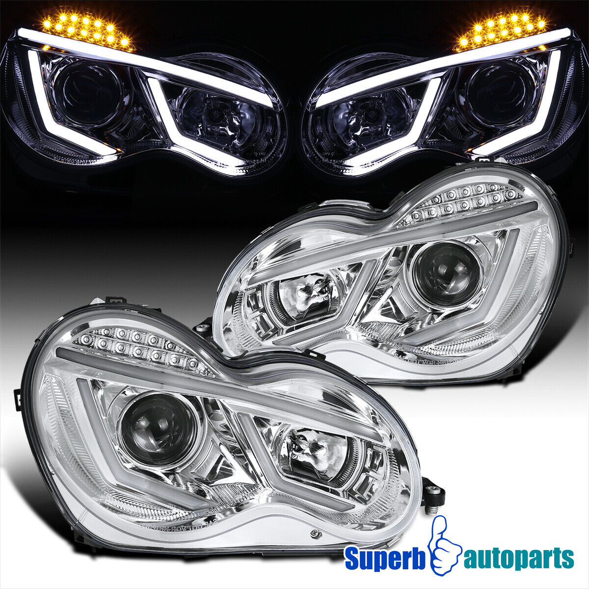 Fits 2001-2007 Benz W203 C-Class Projector Headlights W/ LED Signal Lamps Pair