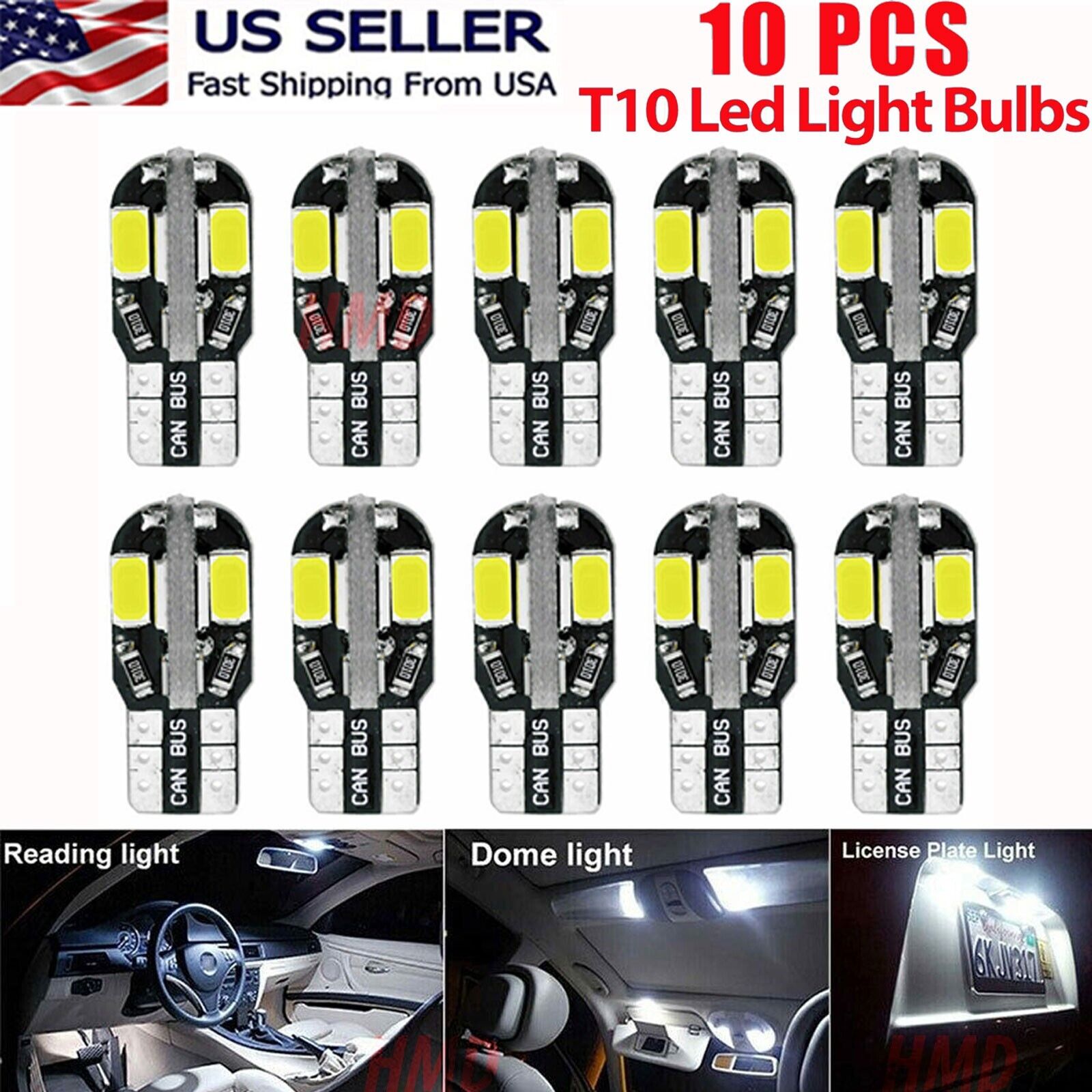 10pcs T10 194 168 W5W LED Bulb Light Canbus White Dome License Side Marker 6000K