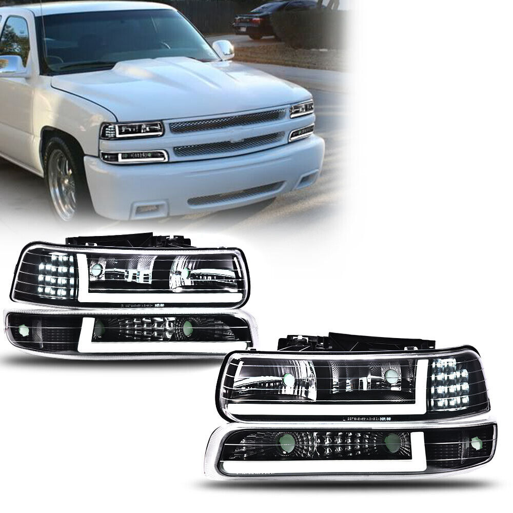 FIT FOR 1999-2002 CHEVY SILVERADO LED DRL BLACK HEADLIGHTS+BUMPER LAMPS PAIR 