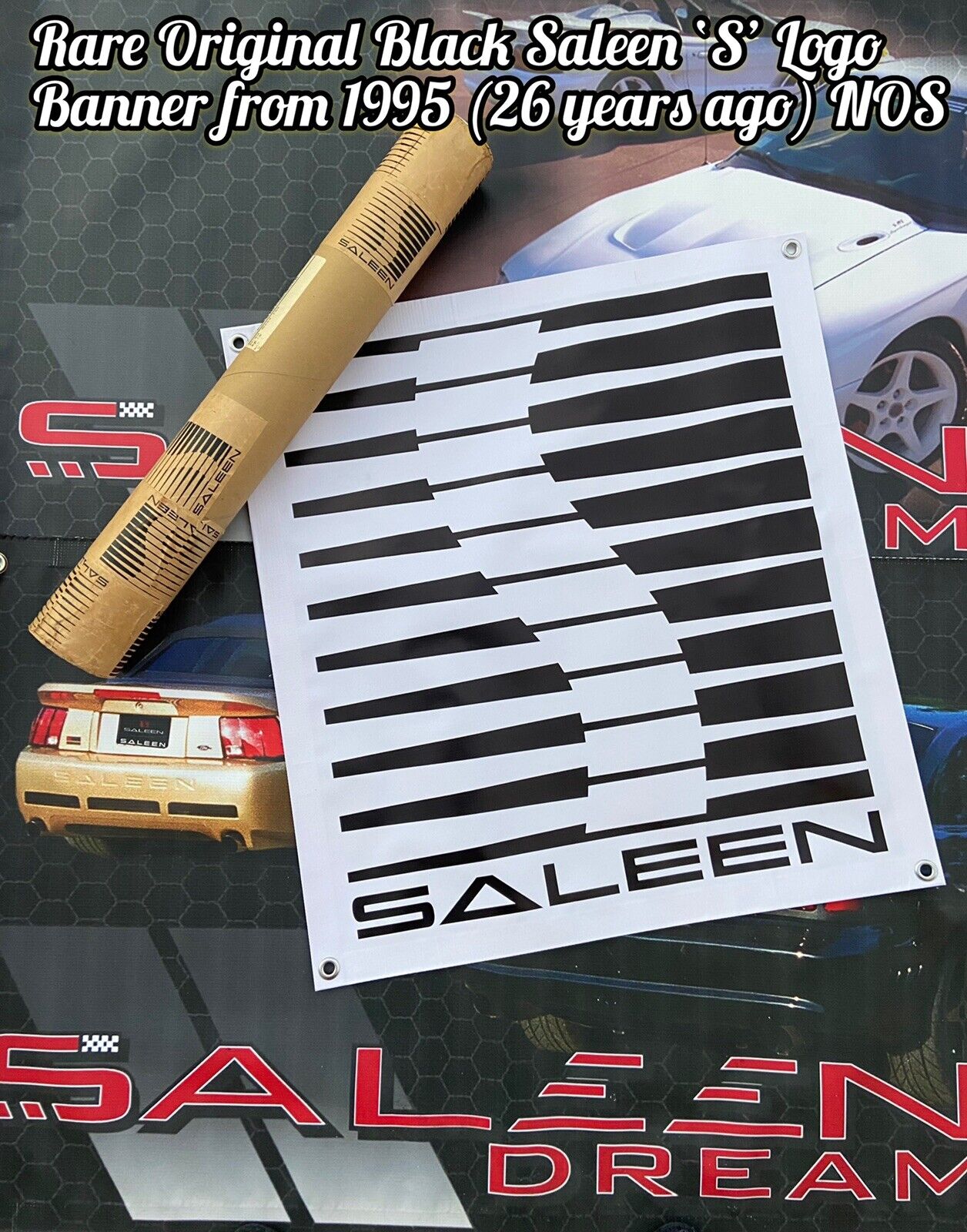 RARE LARGE SALEEN BLK S LOGO BANNER FRM 1995 S351 MUSTANG FORD COBRA GT SHELBY