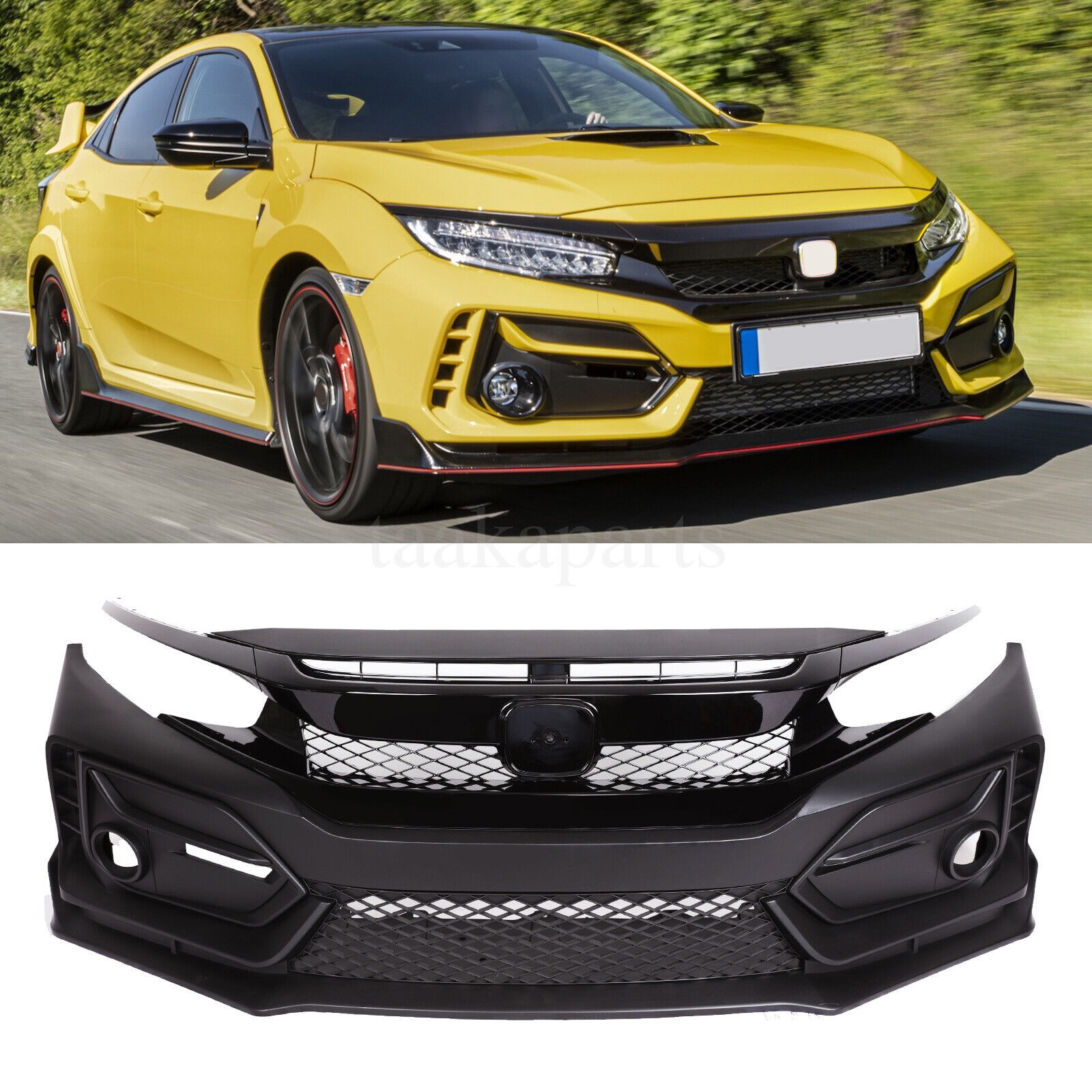 Type R Style Front Bumper Cover W/Grille W/Lip For 16-21 Honda Civic Sedan Coupe