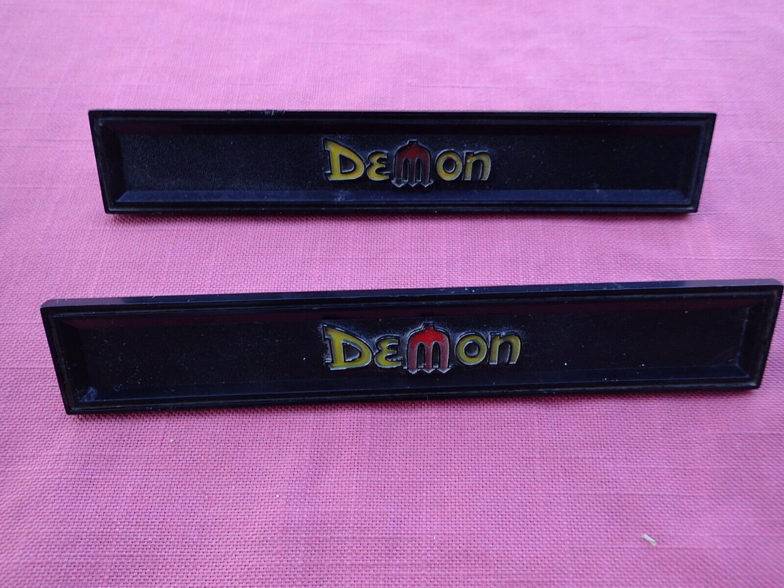 1971-72 Dodge Demon door panel emblems, pair, nice 3613436