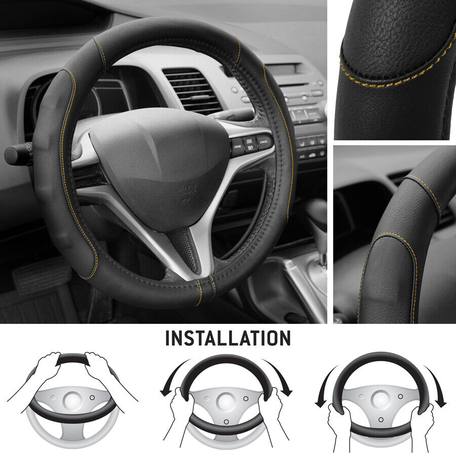 Synthetic Leather Steering Wheel Cover Black w/ Beige Stitching Sport Grip Small