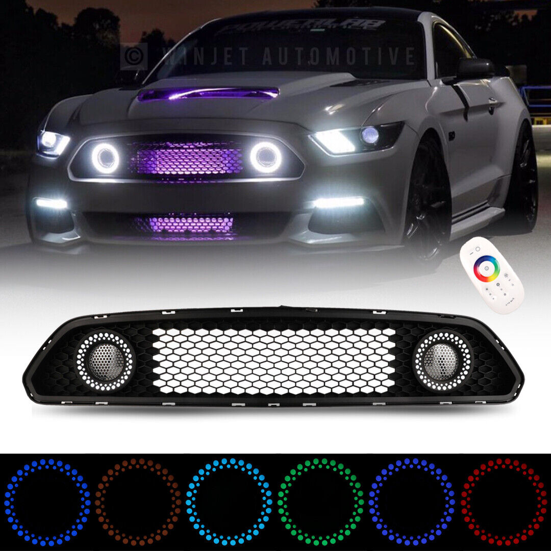 For 2015 2016 2017 Ford Mustang Honeycomb Mesh DRL Bumper Grille w/RGB LED Light