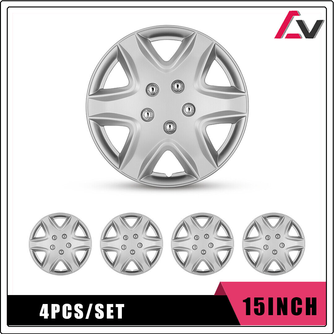 4Pcs 15\'\'Universal Wheel Rim Cover Hubcaps Rings Silver Set For Chevy/Kia