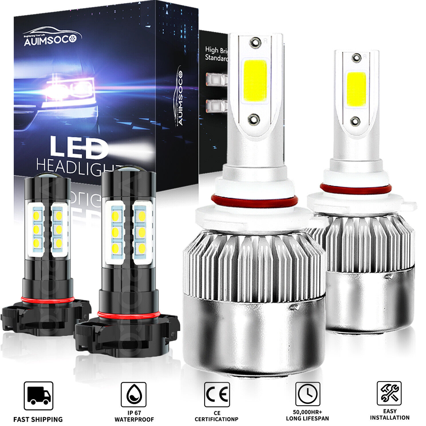 9012 LED Headlight High Low + H16 5202 Fog Lights for 2014 2015 GMC Sierra 1500