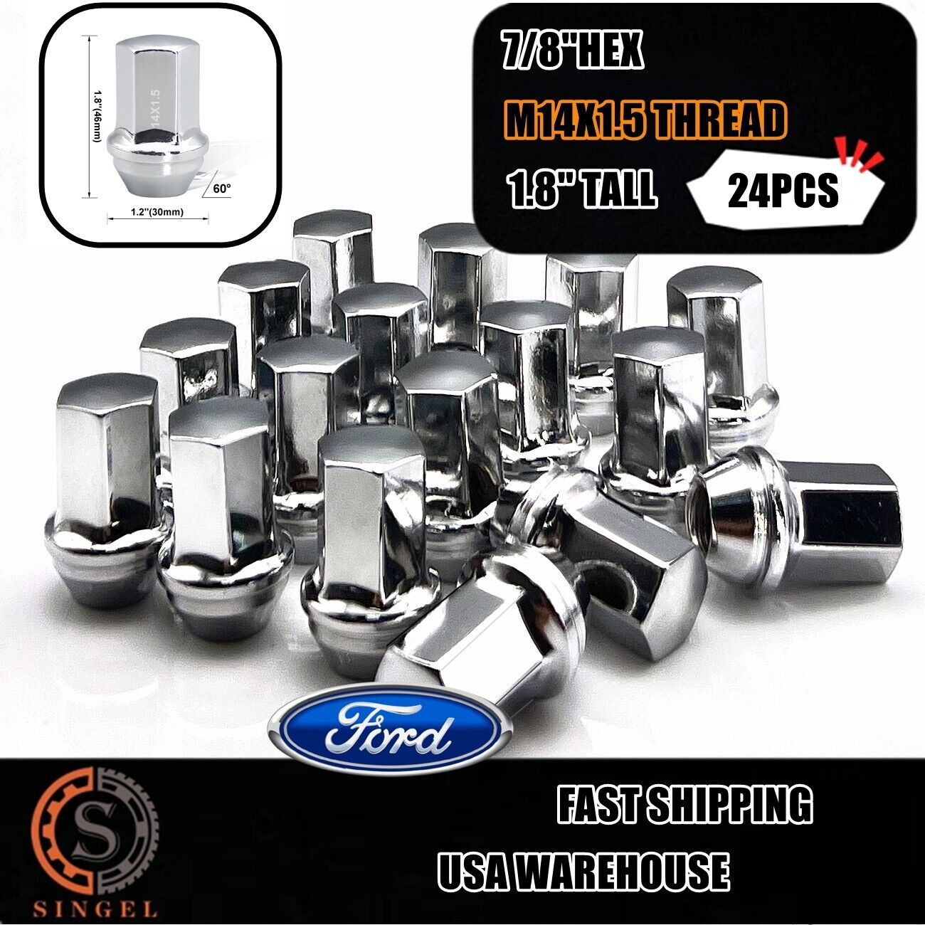 24 FIT FORD F-150 2015-2020 OEM REPLACEMNT SOLID LUG NUTS M14X1.5 CHROME