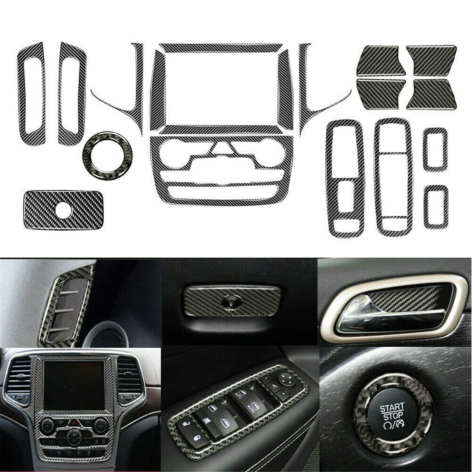 19x For Jeep Grand Cherokee 11-20 Carbon Fiber Full Interior Kit Set Cover 3.6L