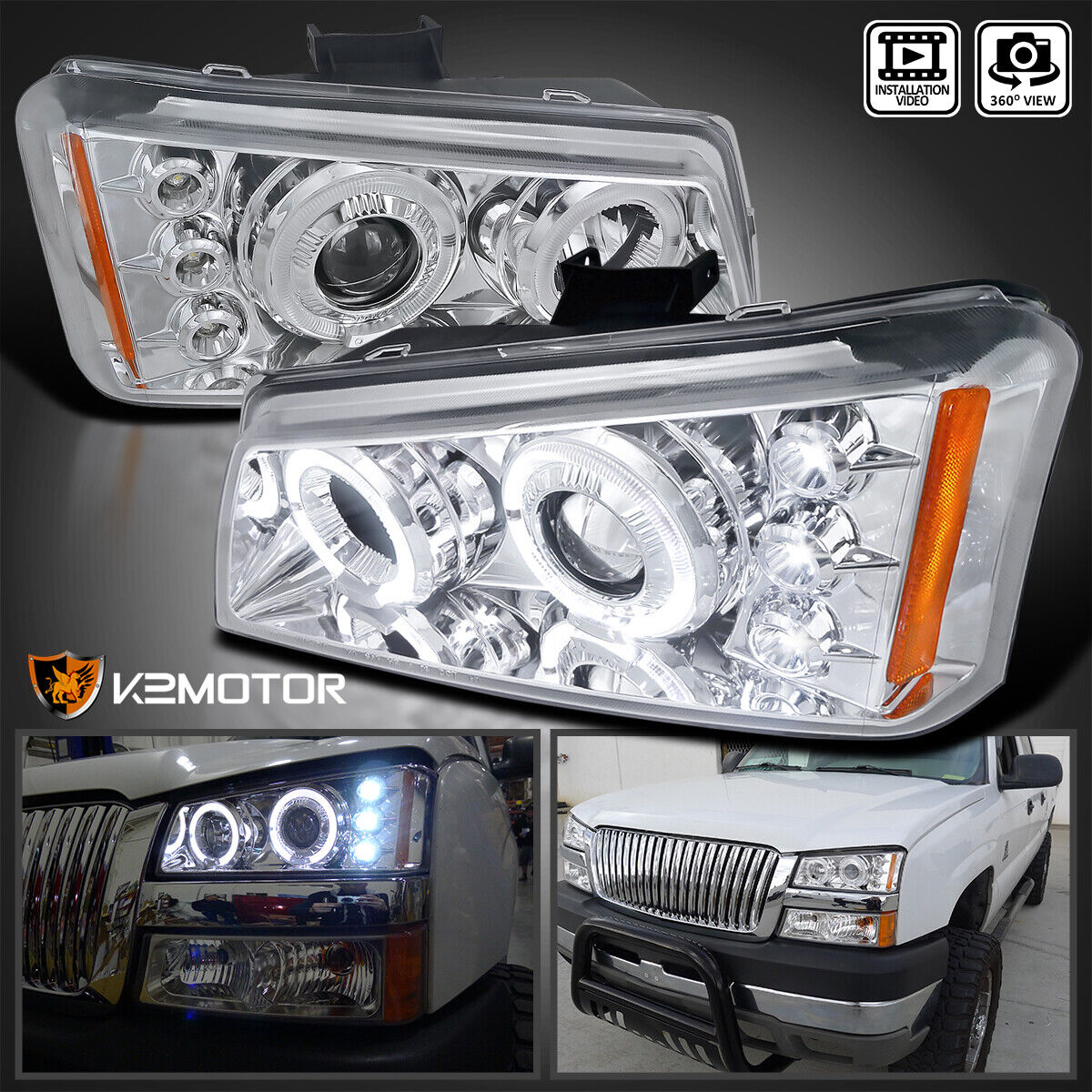 Fits 2003-2007 Chevy Silverado Avalanche LED Halo Projector Headlights Lamps L+R