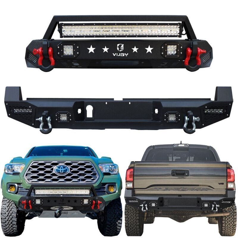Fits 2016-2022 Tacoma Steel Black Texture Front and Rear Bumper w/LED Lights