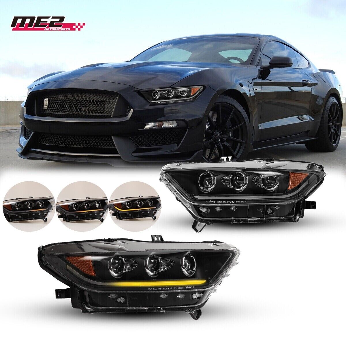 Black Headlights For 2015 2016 2017 Ford Mustang LED Sequential Signal Projector