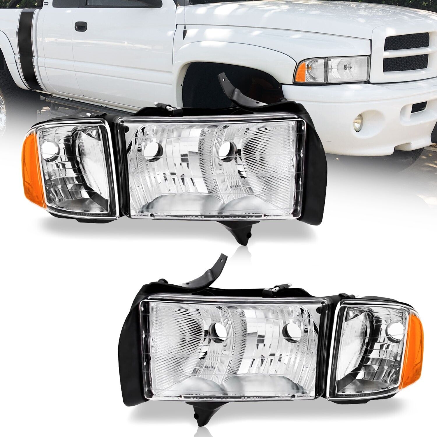 WEELMOTO Headlights For 1999-2001 Dodge Ram 1500 Sport +Corner Lamps Left+Right