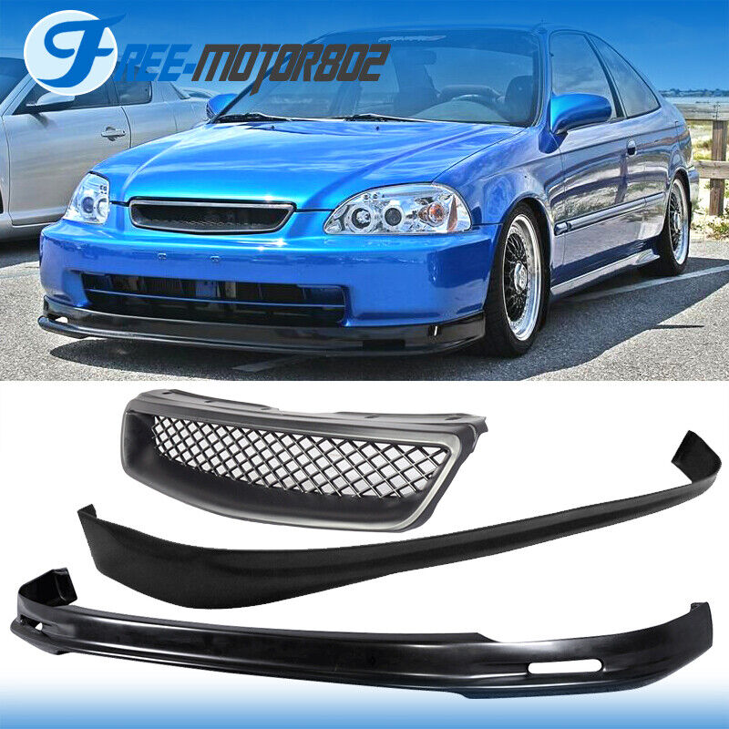 Fits 96-98 Honda Civic 3Dr Front + Rear Bumper Lip + Type R Style Grill