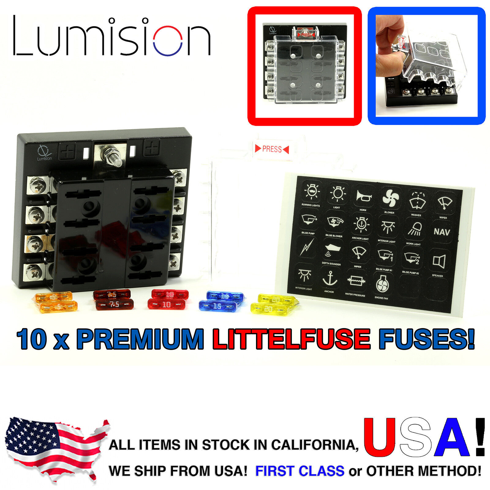 Lumision 8 Way Screw type Terminal Fuse Block w/ Label Premium Littelfuse Fuses