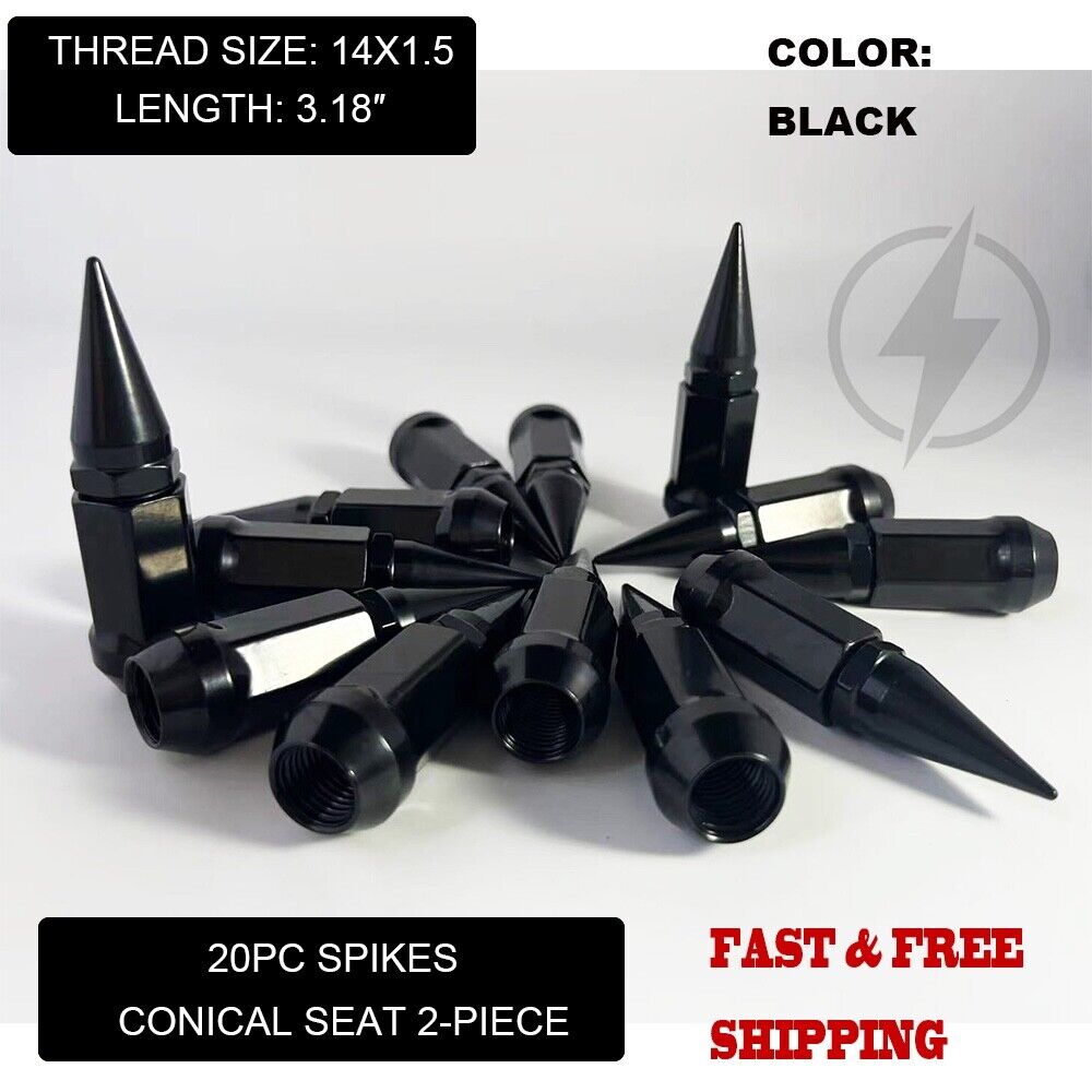 20PC BLACK 3.18'' 2PC SPIKE LUG NUTS 14X1.5 FOR 2008&UP DODGE CHARGER CHALLENGER