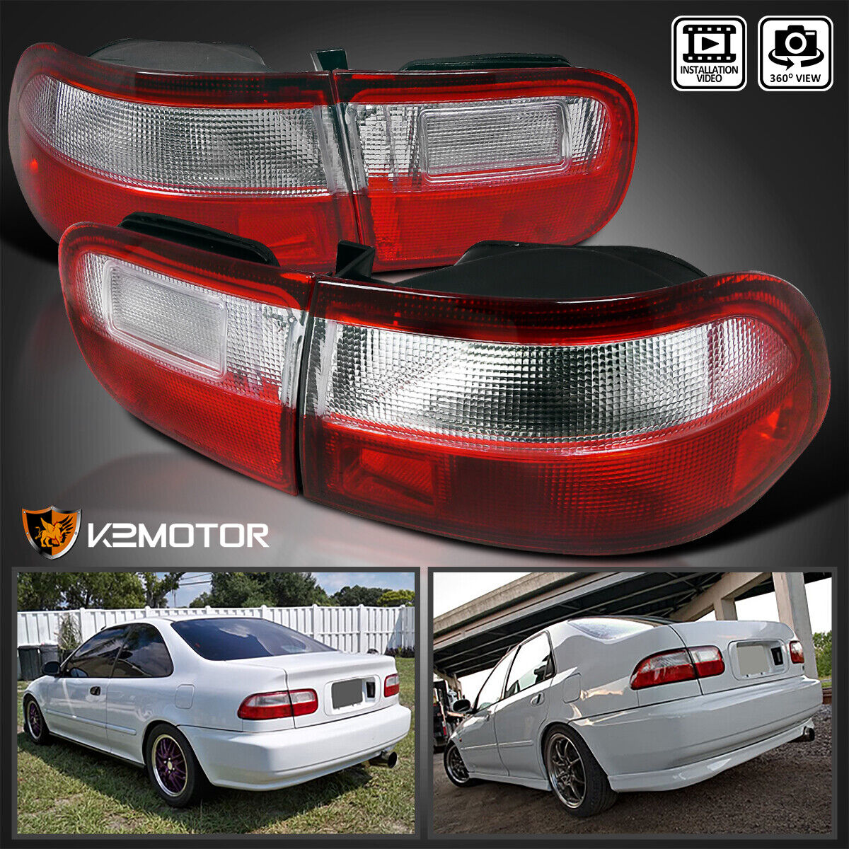 Red/Clear Fits 92-95 Honda Civic 2Dr 4Dr Tail Lights Brake Lamps Left+Right Pair