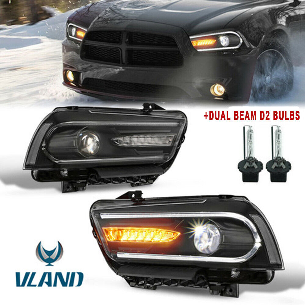 Set 2 LED DRL Headlight W/ Dual Beam Halogen Model For 2011-2014 Dodge Charger